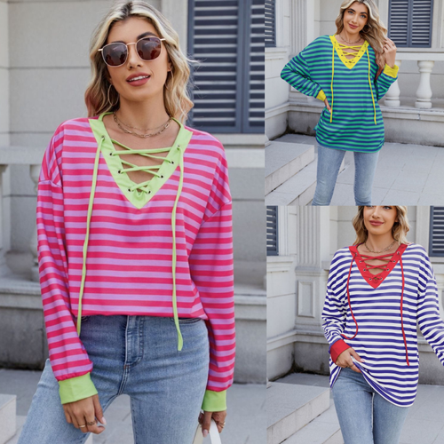 Striped T-Shirt Lace-Up Crisscross V Neck Long Sleeve Blouse Top
