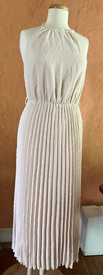 NWT Pretty Garden Swiss Dot Pleated Midi Summer Dress w/Belt Off-white/Beige  szS | eBay