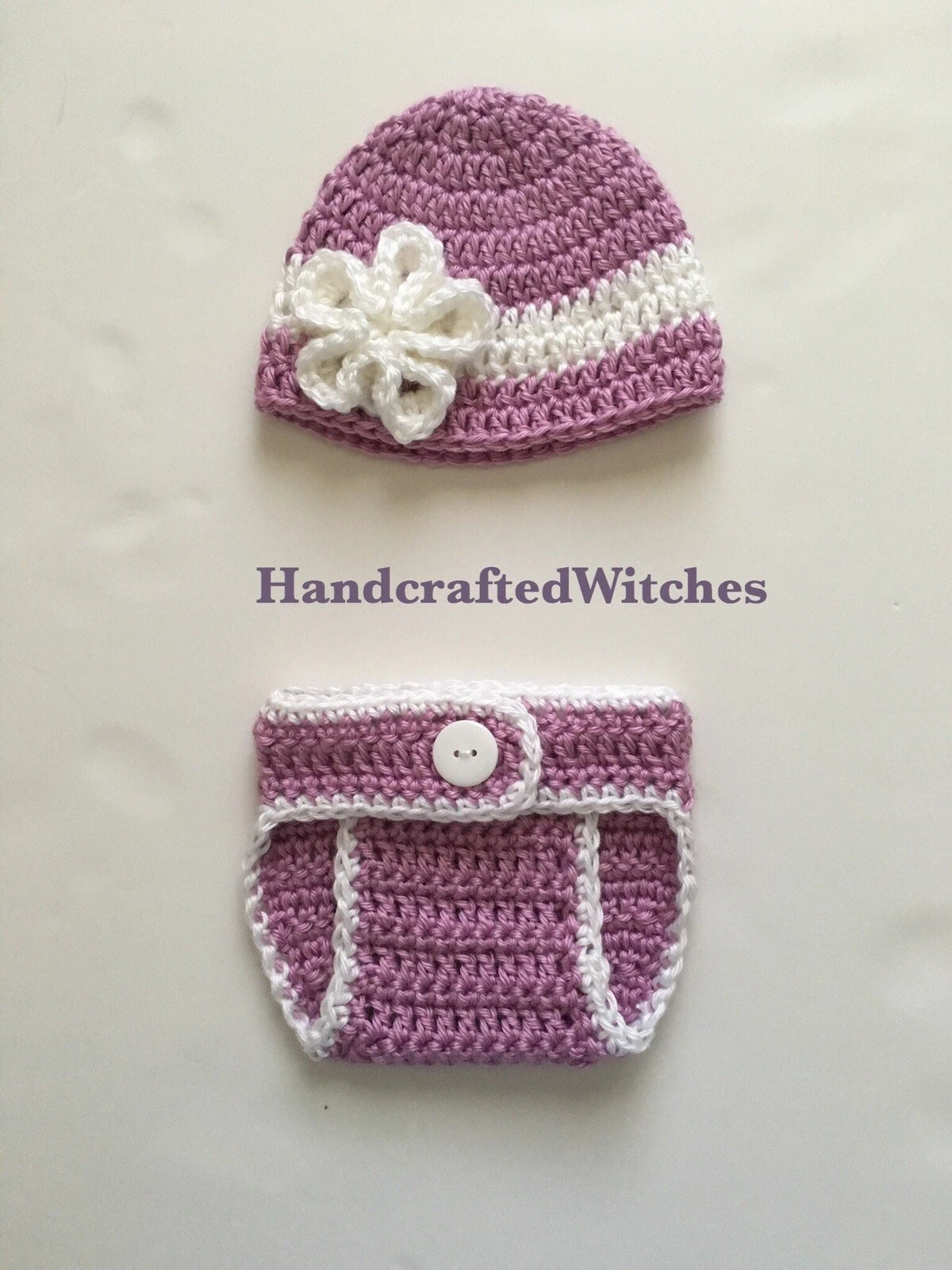Crocheted Beanie with Kanzashi, Kanzashi flower, hat and diaper cover for Babies