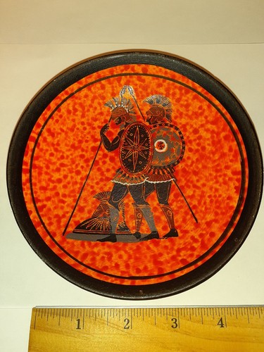 Vintage VTG Clay Plate Made in Greece Orange Aztec Warriors Shield Spear - Picture 6 of 16