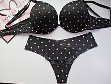 VICTORIA'S SECRET PINK Super Push Up Bra and Panty Set Black Gold Polka Dot VS
