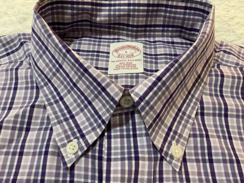 Brooks Brothers Shirt Large Purple Plaid Non Iron Supima Cotton Button Down