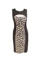 FRENCH CONNECTION BLACK LEOPARD PRINT Stretch BODYCON MIDI DRESS UK 8 FR 36