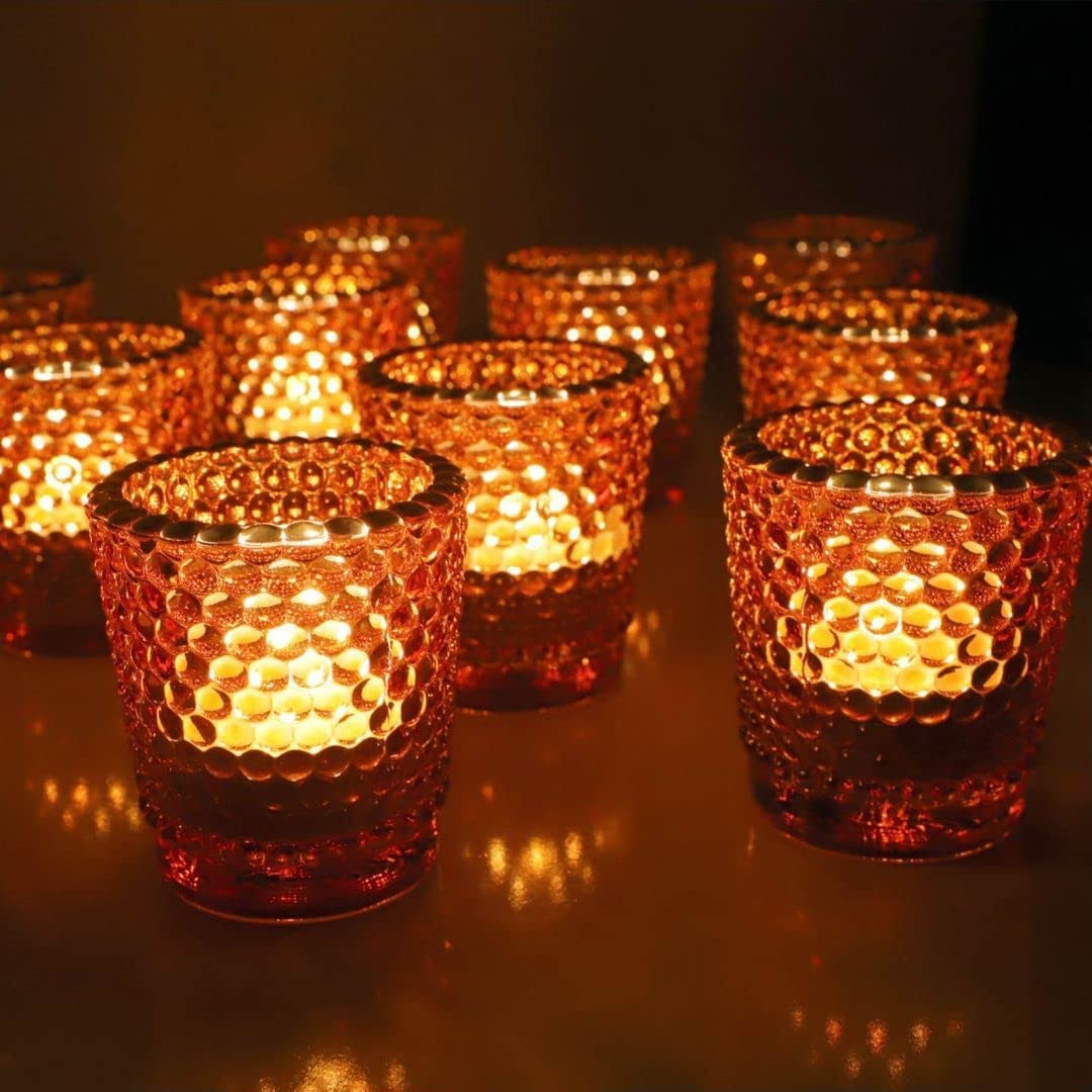 Votive Candle Holders Set of 12, Amber Glass Votive Candle Holder Bulk with Gold
