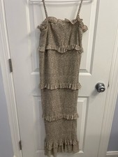 Smocked Tiered Midi Dress in Tan with Ruffle Accents