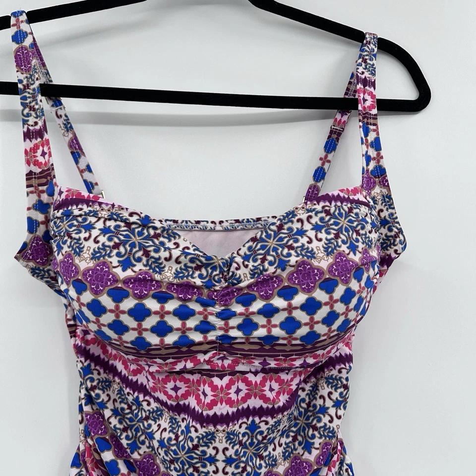 La Blanca Womens Slimming 1 Piece Swimsuit Size 10 Ruched Pink Purple Abstract - Image 3 of 4