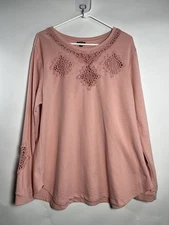 Hannah Women’s XL Pink Battenburg Lace Detail Sweater Comfort Boho Lightweight