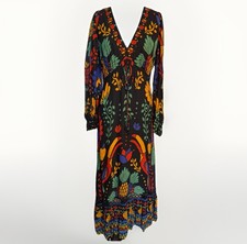 Farm Rio for Anthropologie Black Floral Toucan Maxi Dress Boho Folk Print, Sz S