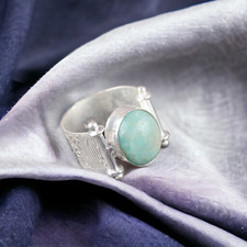 925 Silver Natural Amazonite New Handmade Cocktail Heart Chakra Bezel Ring US 6