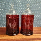 Vtg. Anchor Hocking Royal Ruby Red Glass Apothecary Candy Jar Clear Lid 8" Set 2