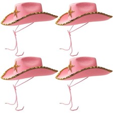 4 Pack Kids Pink Sparkly Western Cowboy Hats w/ Star for Cowgirls, Costume Party