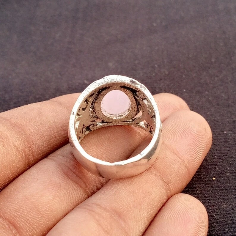 Anillo de cuarzo rosa para hombre de plata de ley 925 hecho a mano anillo de diseñador B142 Foto 3 de 4