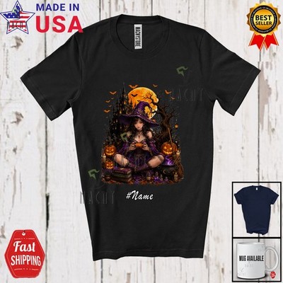 Custom Name Witch Playing Video Games; Halloween Moon Gaming Girls Gamer T-Shirt