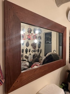 Brown Wood Framed Rectangular Wall Mirror, Horizontal Wall Mounted