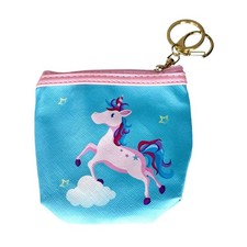 Girls Unicorn Coin Purch Charm Key Ring White Horse Blue Zip Bag Pouch Keychain