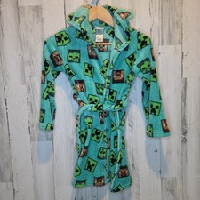 Minecraft Kids Robe Size L 10 Creeper Steve Plush Fleece Hooded Bathrobe Green