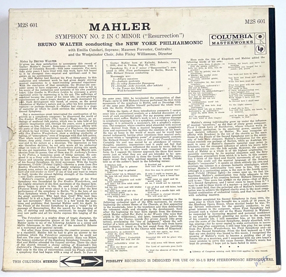Bruno Walter, New York Philharmonic - Mahler Symphony No 2 - 2 x Vinyl Box 1962 - Image 2 of 4