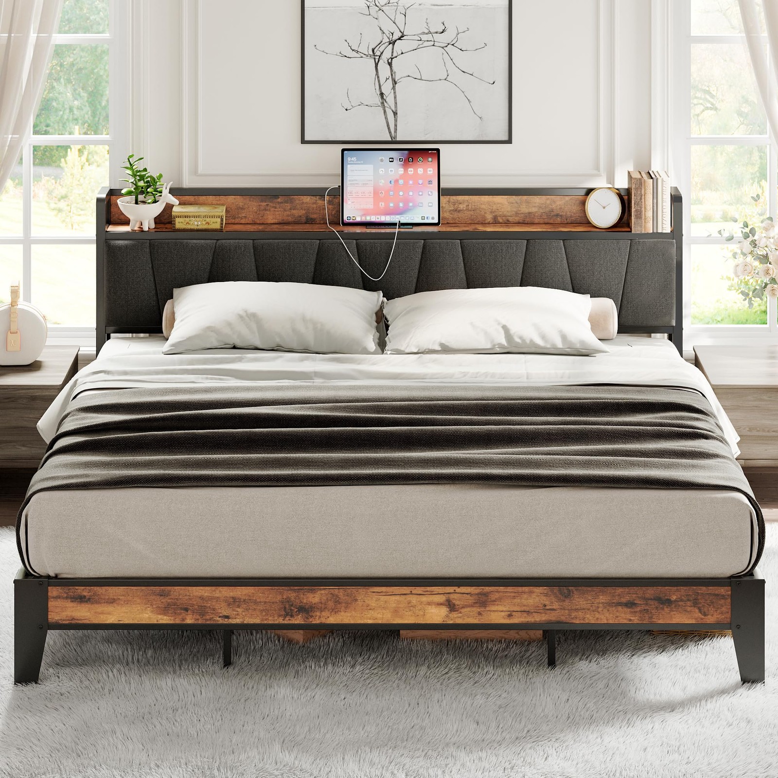 King Size Bed Frame, Storage Headboard with Charging Station, Solid and Stabl...