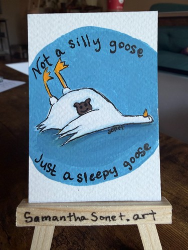 ACEO Original Mini Art Card, Sleepy Goose, Gouache, SamanthaSonet.Art