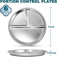 Stainless Steel Toddler Plate 6 Set 9" Portion Control Plates Divided Adults Non