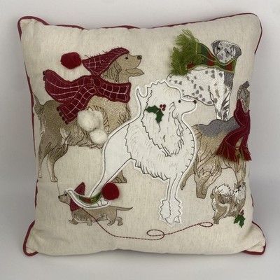 Pier One Imports Park Avenue Dogs Christmas Throw Pillow Red Ivory 18 x 18