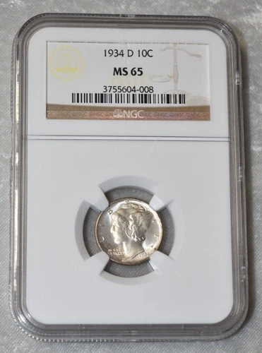 1934 D MERCURY DIME 90% SILVER CERTIFIED NGC MS 65 MS65 DENVER MINT 10¢ USA COIN