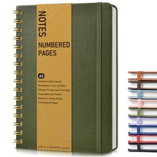 A5 Lined Spiral Journal Notebook 150 Numbered Pages 100 GSM Hardcover Olive