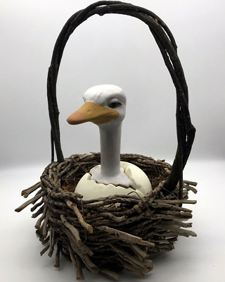Hand Painted Clay Pottery Ostrich Hatching Egg in Hand Made Basket