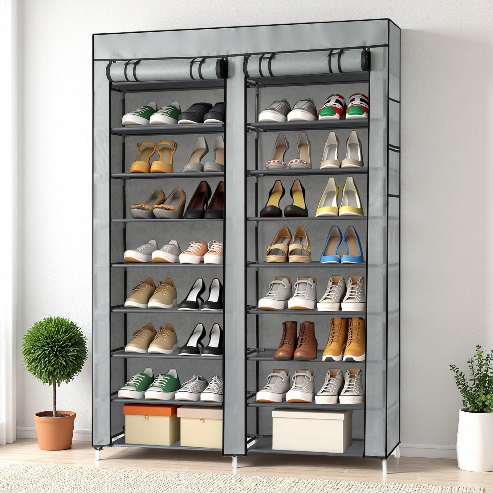 Tall Slim Double 9-Tier Shoe Organizer Cabinet - Roll-Up Door, Fabric & Gray