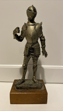 Vtg Pewter Medieval Knight Figure Italy Made 7 1/2" tall, 8 1/2" on Wood Mount