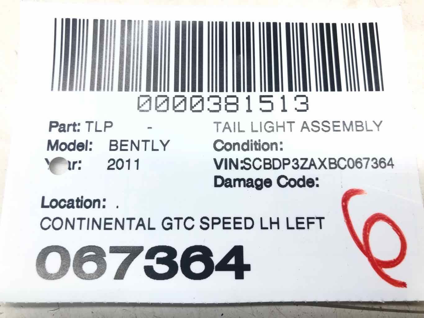 2009-2011 BENTLEY CONTINENTAL GTC LEFT REAR TAIL LIGHT LAMP 3W3945095J OEM