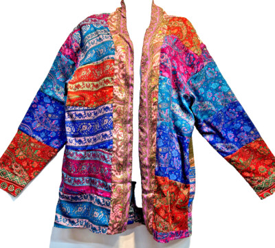 Nwt SACRED THREADS boho patch hippie poly satin TOP CARDIGAN JACKET 1X Free ship