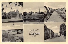 L088 Germany 1950 Gruss aus Lippborg Church Bridge Street Castl vintage postcard