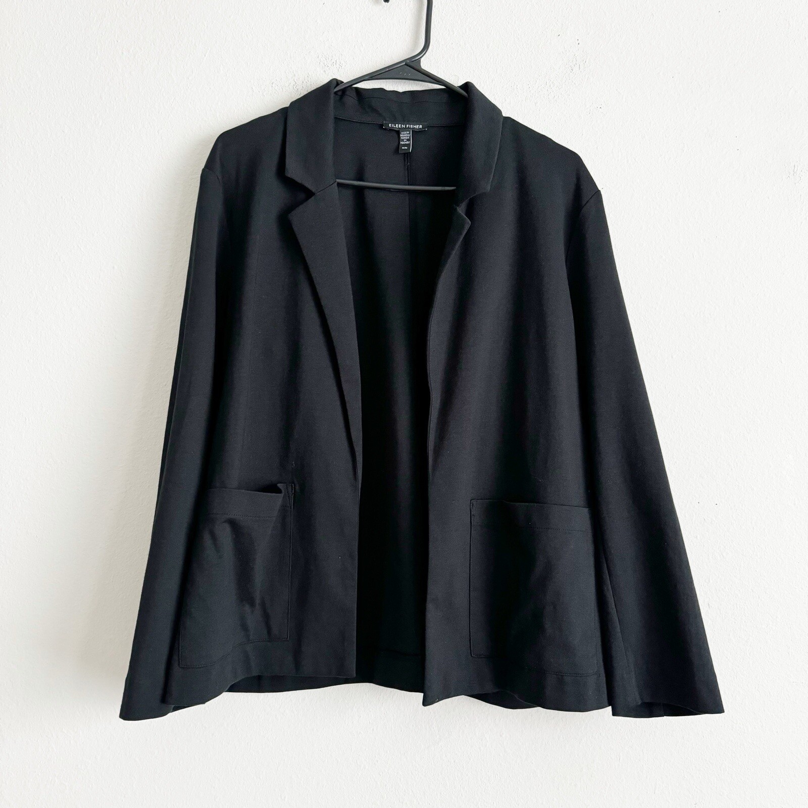 Eileen Fisher Open Front Cardigan Black Two Square  Pockets Jacket Size Medium