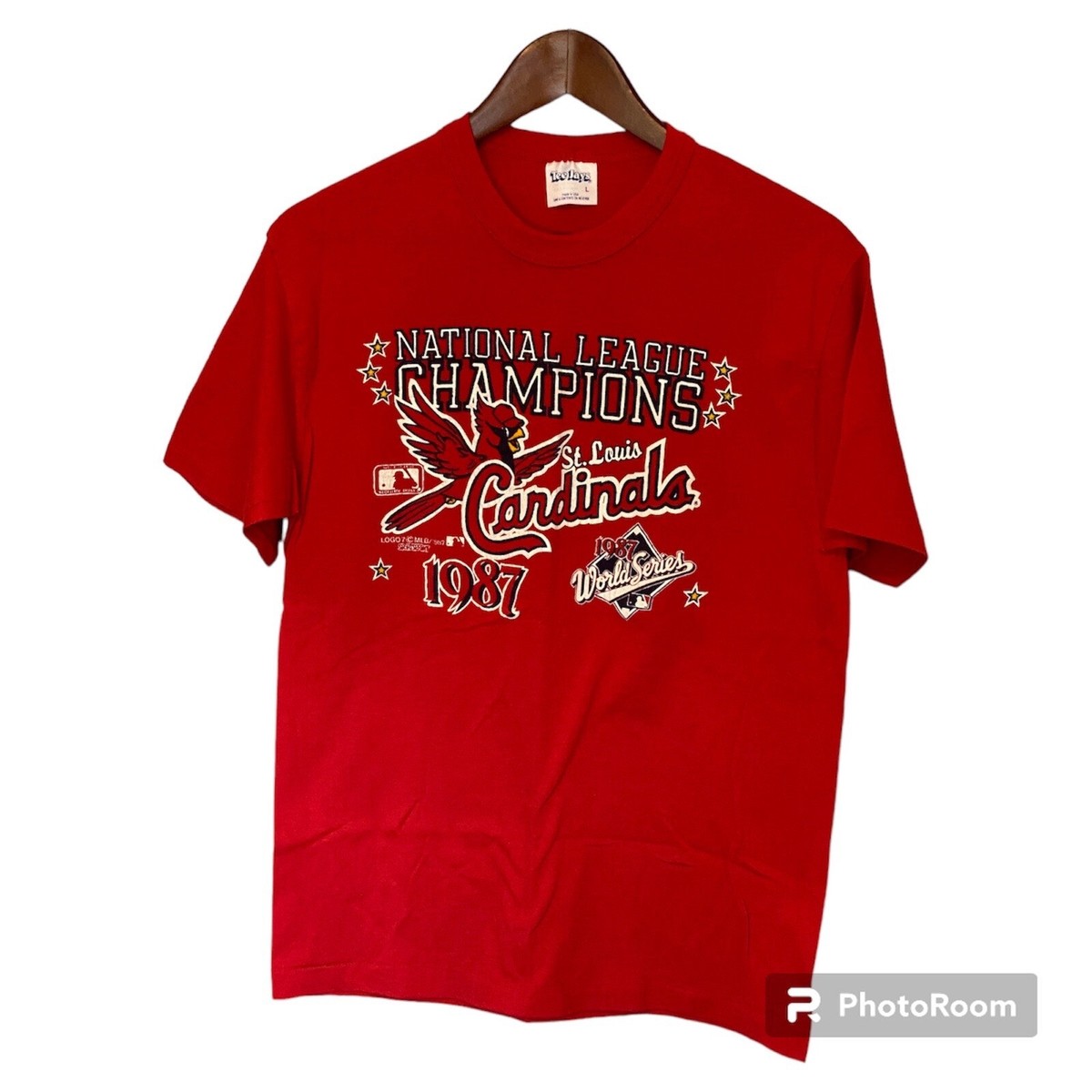 St Louis Cardinals Red 1987 NL Champs T-Shirt Size L Made USA Vtg