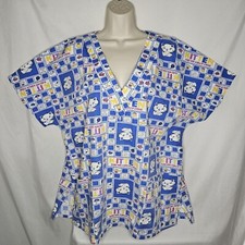 Liana Uniform Short Sleeve Scrub Top Blue White Squares Kitten Cat Vet Nurse L