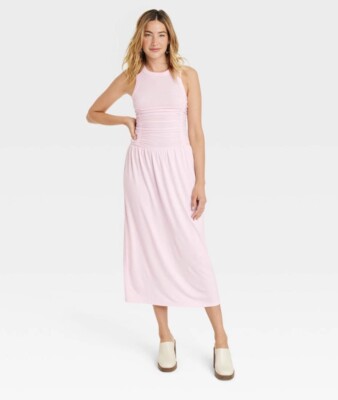 NWT Universal Thread Dress Womens M Medium Pastel Pink Knit Midi Ruched  Casual