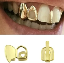 Custom 14K Gold Plated Upper Top Teeth Right Side Open Face Fangs + Gap Grillz