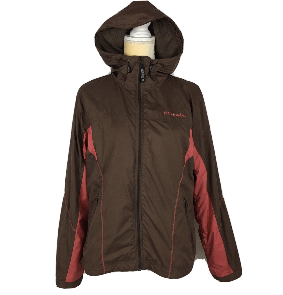 Columbia Women's Medium Rain Jacket Packable Vented Hooded Brown Orange Coat