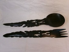 Vintage Hand Carved Wooden Salad Serving Set Spoon  Fork