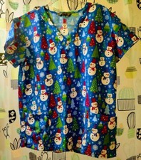 Serene Christmas Holiday Snowman Scrub Top Large