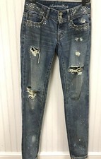 American Eagle Stretch Skinny Distressed Embellished Jeans Sz 00