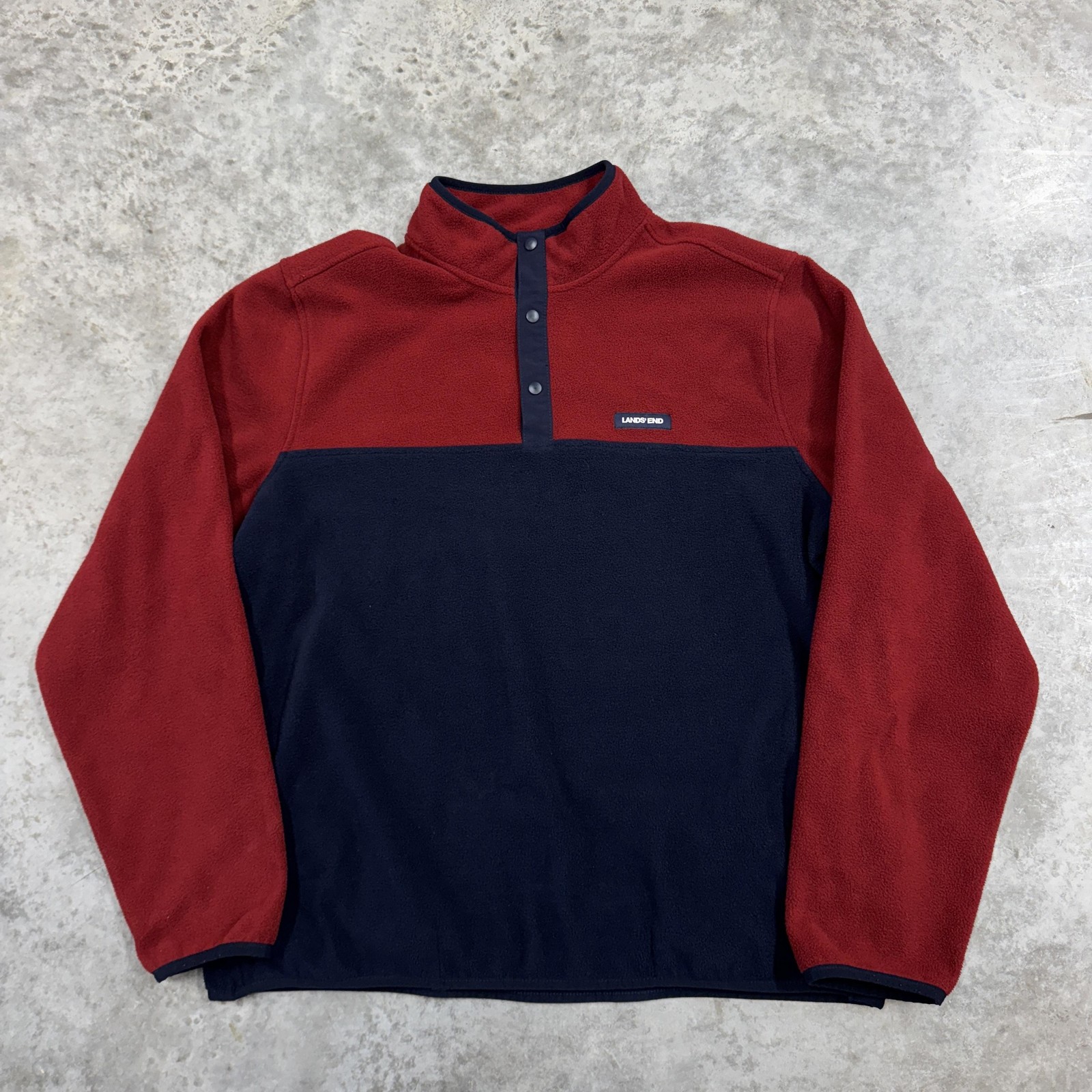 Lands' End Fleece Pullover Mens XL Red Navy Snap Neck Quarter Button Colorblock
