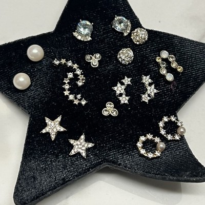 NWT LOFT Ann Taylor Pave Moon Small Assorted Stud Earrings Set Stars Gold Silver