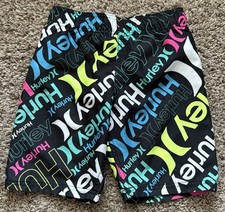 Hurley Boys Swim Trunks Size 7 Logo Print Board Shorts Black Neon Swimwear Surf