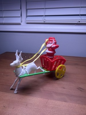 Vintage Rosbro Hard Plastic Christmas Santa Cart Sleigh Reindeer Candy 1950s