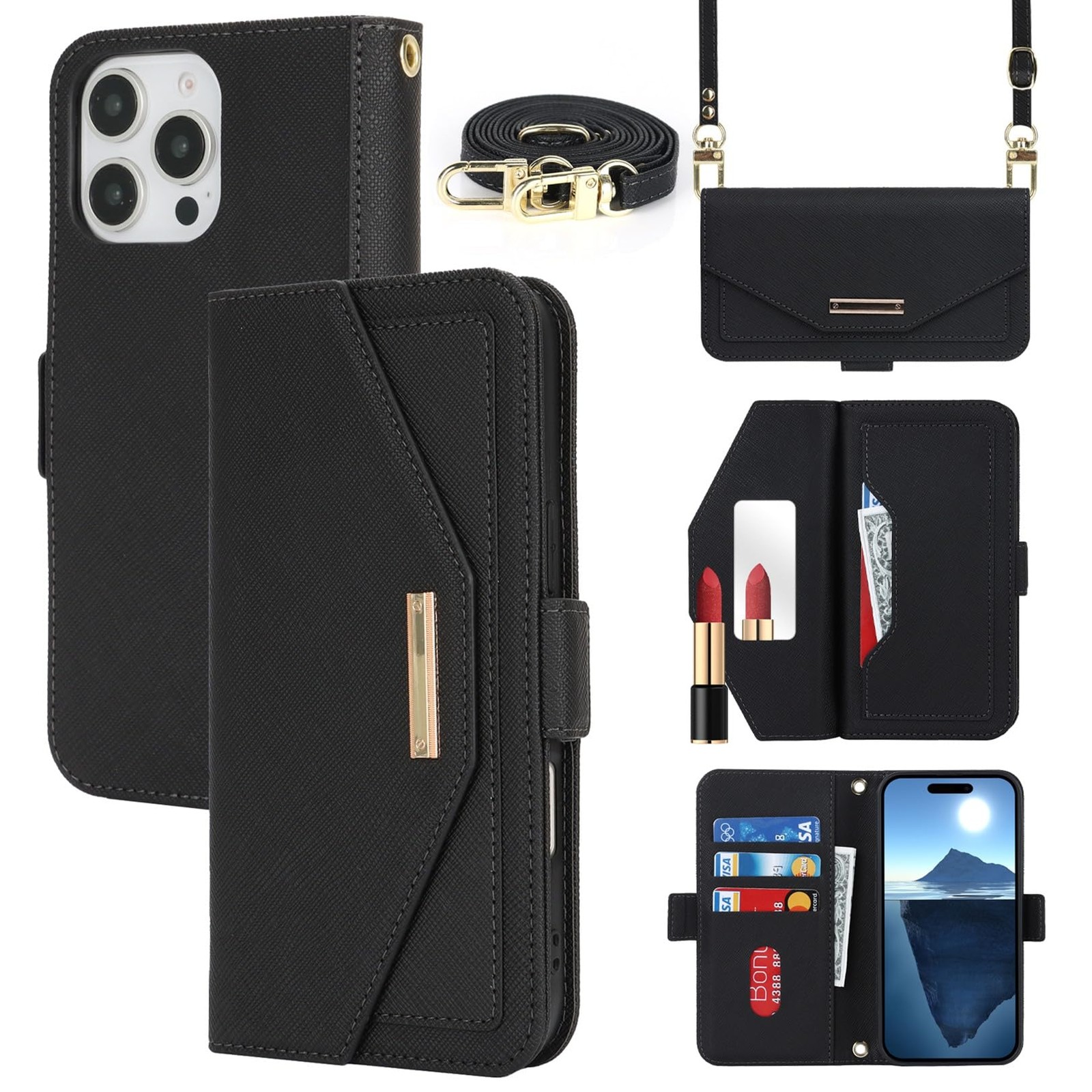 Coque iPhone 16 Pro Max étui portefeuille housse protection intégrale cordon