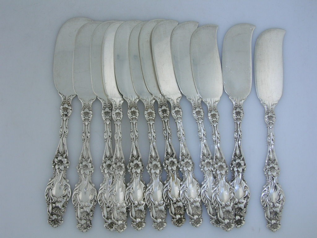 12 Sterling Silver Whiting Lily 1902 Flat Handle Butter Spreaders ~no mono