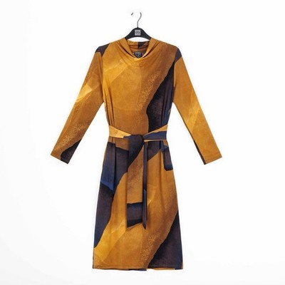 Clara Sun Woo Midi Dress Tie Waist Tan Watercolor Jersey Womens XS Travel