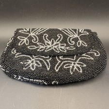 Vintage Black White Seed Bead Clutch Purse Evening Bag Floral Art Deco Boho Bag